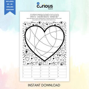 May include: A black and white printable "My Heart Map" with a large heart design and smaller heart doodles. The text includes "US - UK Spelling Versions!" and "Instant Download". The map is designed for coloring and prompts the user to match colors to memories.