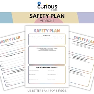 Pode incluir: Um conjunto de três folhas de papel brancas com o título "SAFETY PLAN" em gradiente arco-íris. As folhas contêm seções preenchíveis para estratégias de segurança pessoal. A faixa superior diz "Curious Space".