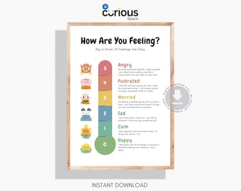 Puede incluir: Una impresión enmarcada titulada "How Are You Feeling?" con un marco de madera. La impresión presenta un gráfico tipo termómetro con ilustraciones que representan diferentes emociones, incluyendo enfado, frustración, preocupación, tristeza, calma y felicidad. El texto "Descarga instantánea" está en la parte inferior.