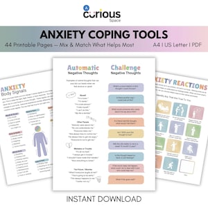 Anxiety Coping Skills for Kids & Teens, Anxiety Worksheets, Challenge Negative Thoughts, Grounding Technique Posters, Mindfulness Tools,