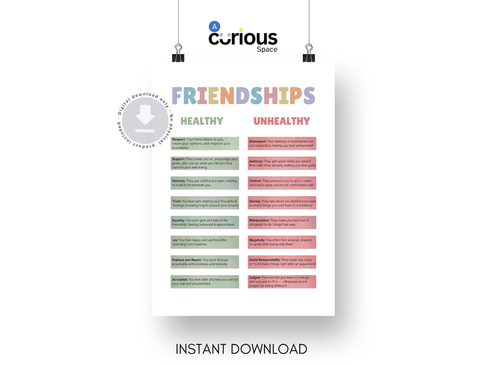 Healthy Vs Unhealthy Friendships Handout: Social Skills Printable ...