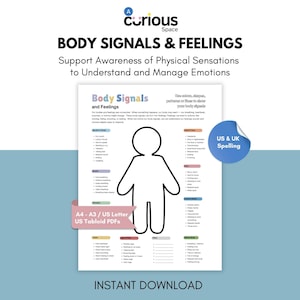 Puede incluir: Un gráfico imprimible blanco titulado "Señales y sentimientos corporales" con un contorno simple de una persona. El gráfico enumera las sensaciones físicas y los sentimientos para comprender y gestionar las emociones. Incluye el texto "Descarga instantánea".