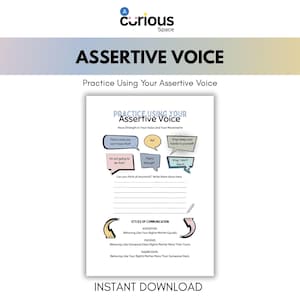 Op de afbeelding: Een afdrukbaar werkblad getiteld "Assertieve Stem" met de tekst "Oefen je Assertieve Stem". Het werkblad bevat voorbeelden van assertieve uitspraken in tekstballonnen en een sectie om gedachten op te schrijven. De onderkant van de pagina zegt "Direct downloaden."