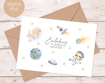 Invitation cards children's birthday astronaut, invitation, birthday, birthday invitation, birthday party, child, space, universe, A6, PDF