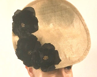 Pale gold fascinator with black flowers (available in different colours)