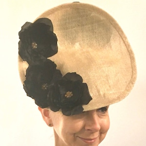 Pale gold fascinator with black flowers (available in different colours)