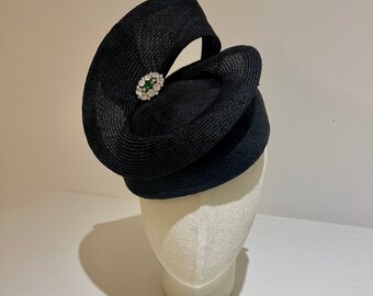 Black swirly hat with vintage broach detail (Audrey) Available in other colours.