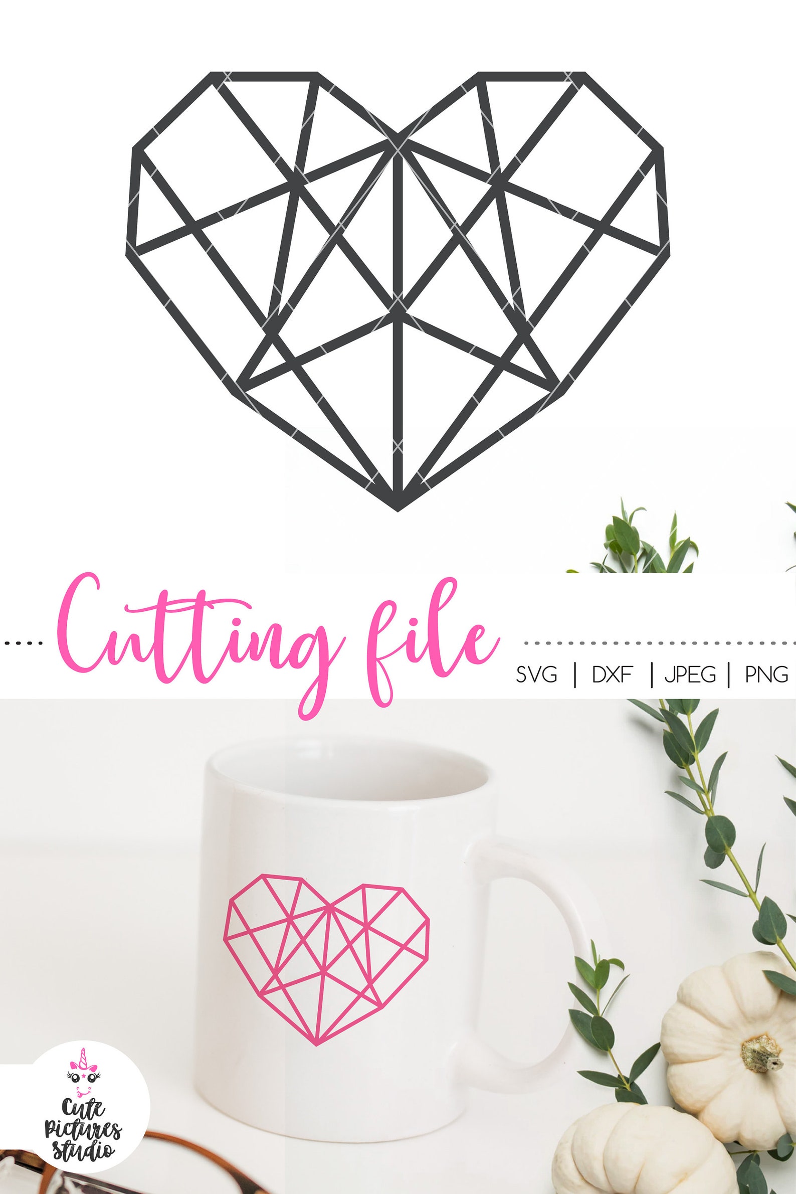 Polygonal Crystal heart Cricut SVG clipart Valentine's Etsy