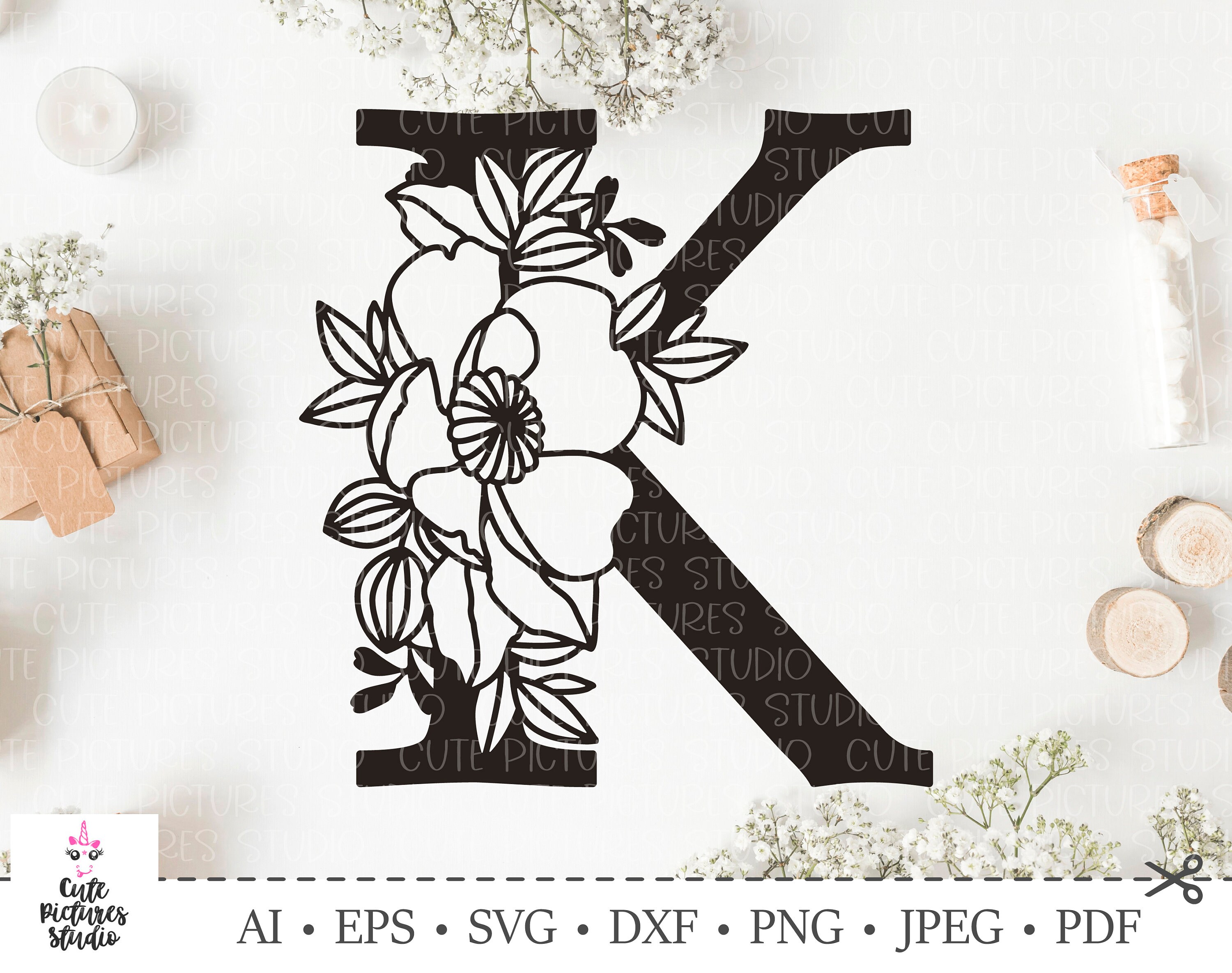 Botanical alphabet svg. Floral letter K svg. Cut file SVG Etsy