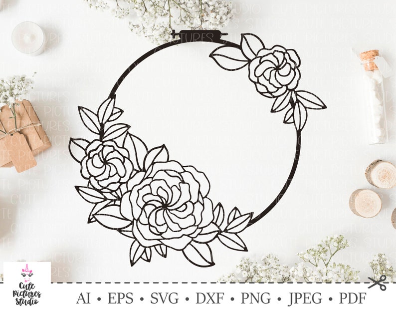 Download Embroidery hoop with flowers and leaves rose. Cut file SVG ...