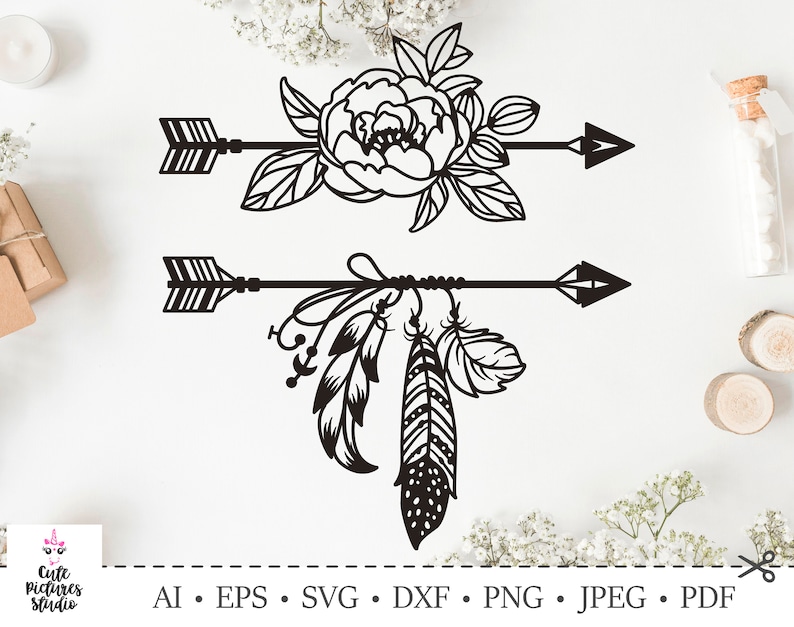 Floral arrows svg png clipart Boho style SVG cut file Peony flower svg 8-3 Set of Boho arrows SVG cricut cut file Feathers svg cut file