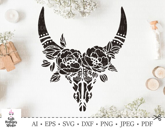 Download Free Skull Of Bull With A Wreath Of Flowers And Leaves Boho Style Etsy SVG Cut Files