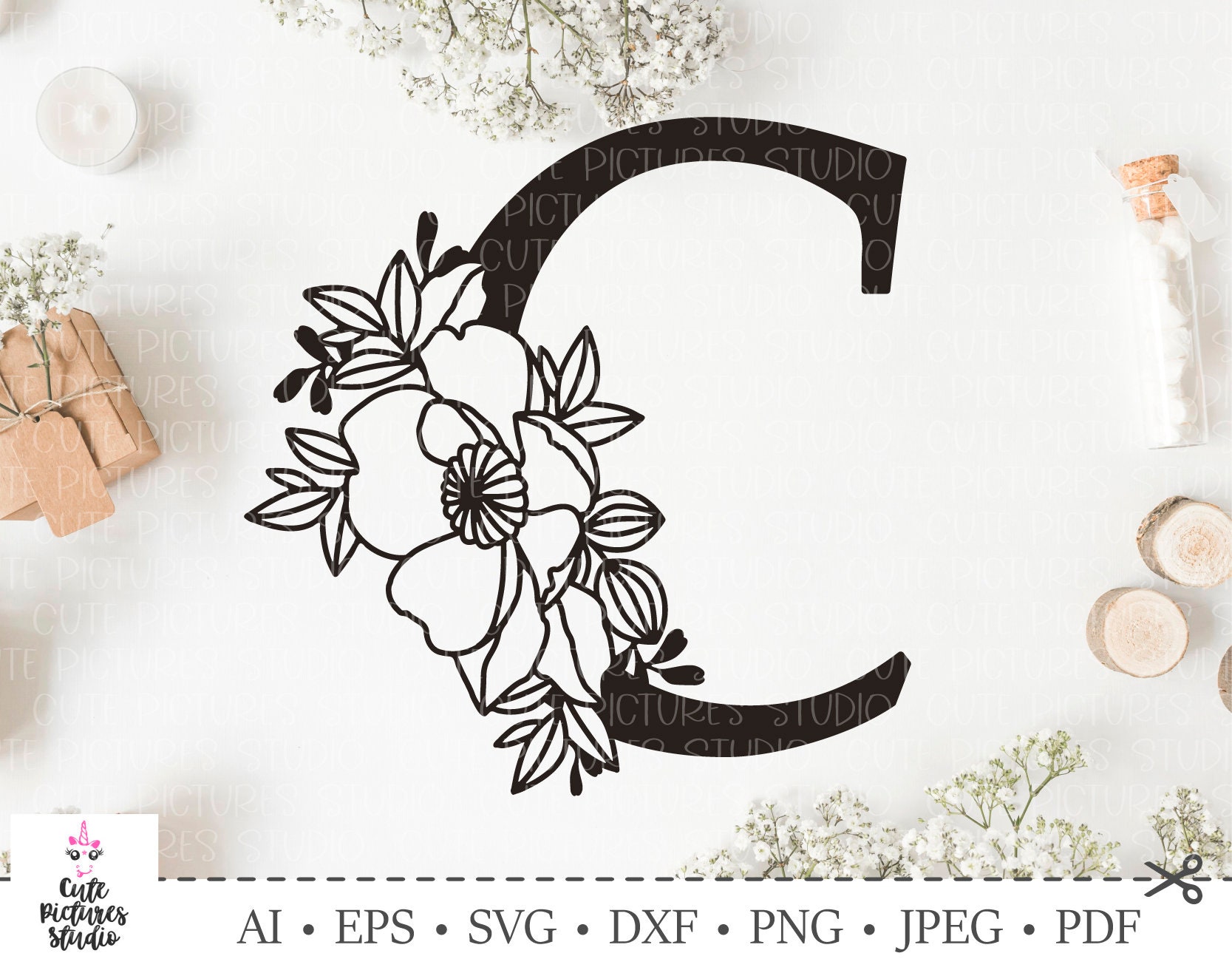 Initial Floral Wooden Letter - C 15C