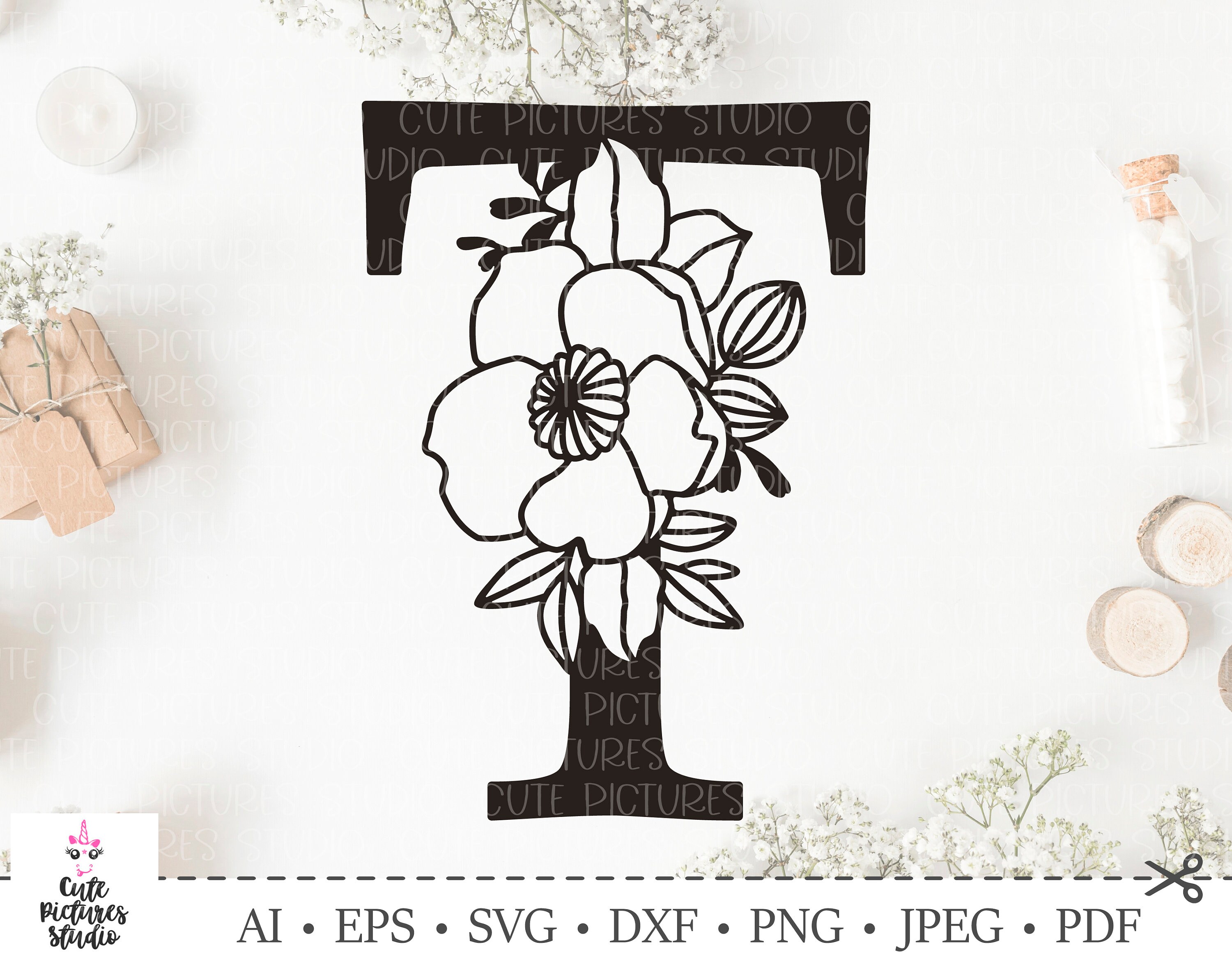 Flower initial T svg. Botanical font svg. Cut file SVG DXF ...