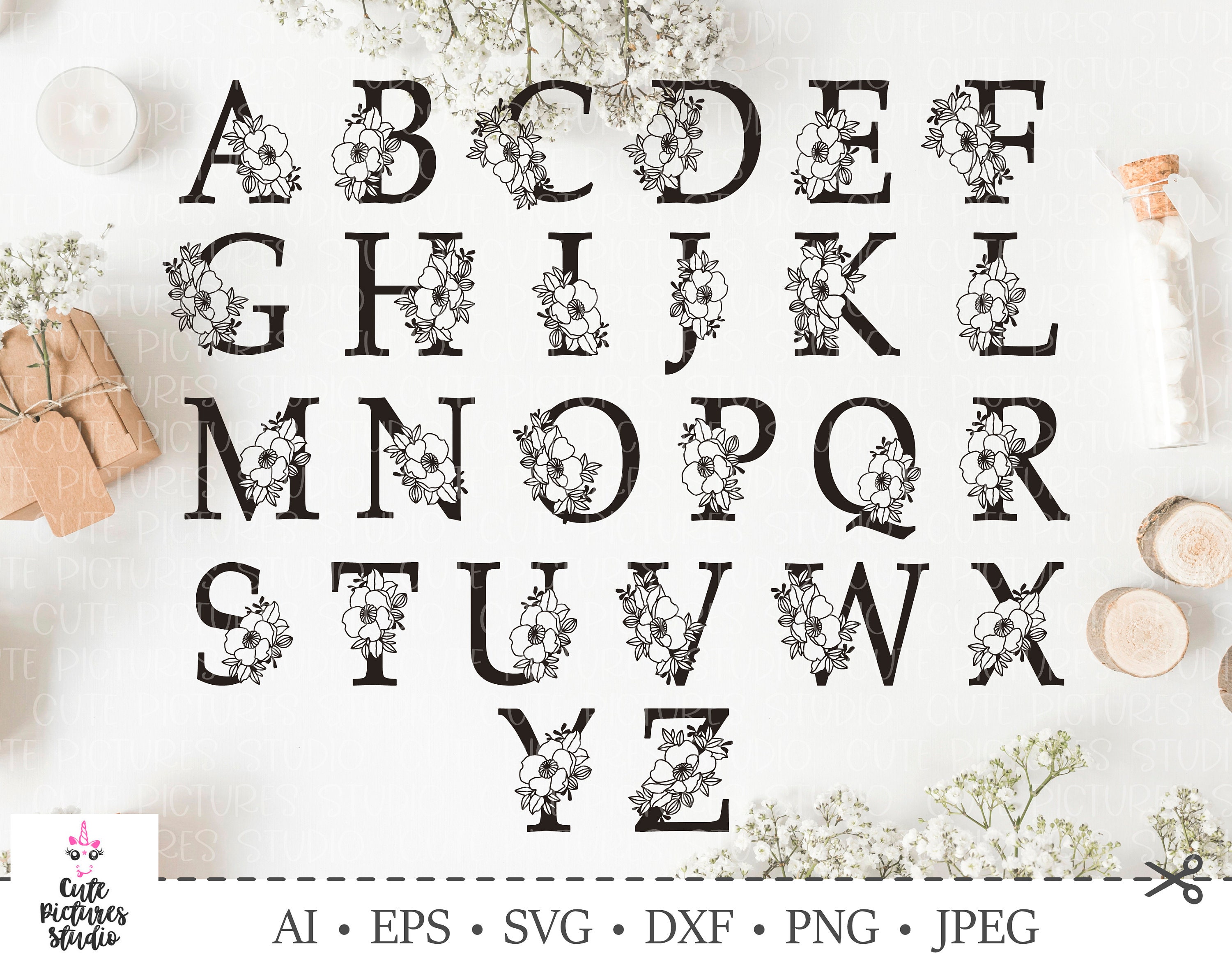 Full Botanical alphabet Cricut SVG cut file, Floral alphabet SVG png …