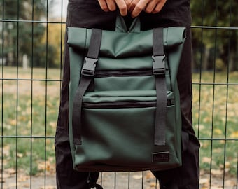 Grüner RollTop Rucksack, Mann Roll Top, Eco Leder Roll Top, Rolltop Rucksack, Roll Top, Grüner Roll Top, VeganEr Rucksack, Rucksack für Laptop