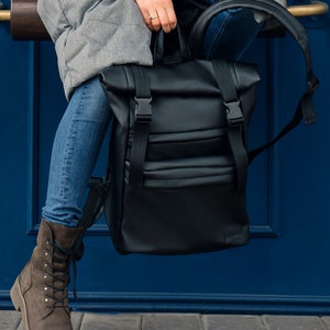 Black Large Eco-Leather Backpack, Stylish Vegan Leather Bag for Women, Men, Travel Laptop Backpack, Minimalist Unisex Rucksack, Gift Idea