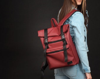 Burgundy Roll Top Backpack, Woman Roll Top, Rolltop backpack, Roll Top, Burgundy Roll Top, Vegan Backpack, Backpack for Laptop, eco leather