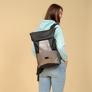 Roll Top Eco-Leather Laptop Backpack, Stylish Work Bag for Women, Vegan Leather Roll Top Backpack for Her, Perfect City Backpack
