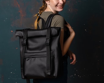 Roll Top Backpack, Woman Roll Top, Backpack for Traveling, Black backpack Rolltop, Laptop Backpack, Macbook Backpack