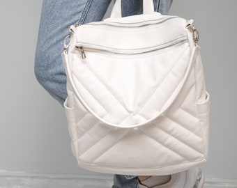White Backpack, Woman Backpack, Eco Leather Backpack, Backpack for Laptop, Custom Designed, City Backpack, Backpack for plain
