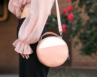 Circle Handbag For Women, Pink Round Crossbody Bag, Leather Circle Bag, Small Purse, Womens Tote Bag, Stylish Shoulder Bag