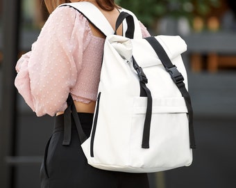 Mochila blanca enrollable, mochila minimalista para portátil para estudiantes y adolescentes, mochila escolar impermeable, mochila de viaje unisex, mochila moderna para el día a día.