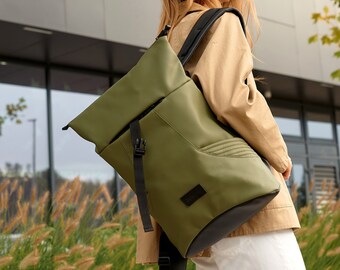 Roll Top Backpack Sambag, Roll Top, Eco Leather Roll Top, Roll Top, Green Top, Vegan Backpack, Backpack for Laptop, Travel backpack