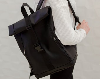 Roll Top Backpack, Woman Roll Top, Eco Leather Roll Top, Rolltop backpack, Roll Top, Black Roll Top, Backpack for Laptop
