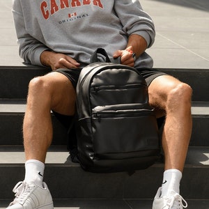 Mens backpack Work Backpack, Classic Black Vegan Leather Backpack for Men, Stylish Travel backpack, City backpack Mens christmas gift