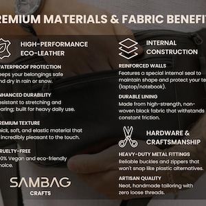 May include: Black eco-leather fanny pack with text highlighting premium materials and fabric benefits. Features include waterproof protection, enhanced durability, and a premium texture. The bag has reinforced walls and durable lining.