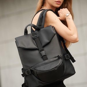Black Laptop Backpack, Minimalist City Backpack for Work, College or University, Modern Everyday Bag, Chic Backpack for Women