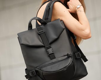Black Laptop Backpack, Minimalist City Backpack for Work, College or University, Modern Everyday Bag, Chic Backpack for Women
