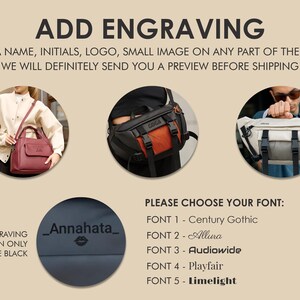 May include: Image promoting bag customization with engraving options. Includes examples of bags and font choices. Text reads: "ADD ENGRAVING" and "PLEASE CHOOSE YOUR FONT:" with font names. The text also says "ENGRAVING CAN ONLY BE BLACK."