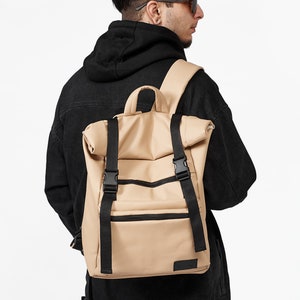 Beige Roll Top Backpack, Woman Roll Top, Rolltop backpack, Roll Top, Beige Roll Top, Vegan Backpack, Backpack for Laptop, eco leather
