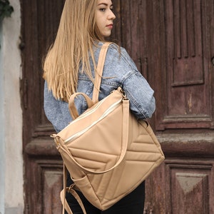 Beige Backpack, Woman Backpack, Eco Leather Backpack, Backpack for Laptop, Custom Designed, City Backpack, Beige Backpack for plain