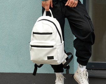 White Backpack, White Men Backpack, Eco Leather  Backpack, Backpack for Laptop, Custom Designed, White City Backpack, Backpack for men