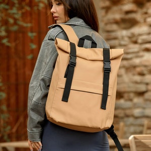 Elegant Beige Roll Top Backpack, Stylish Everyday Bag, Stylish Everyday Laptop Backpack, Travel Daypack, Unisex, Minimalist