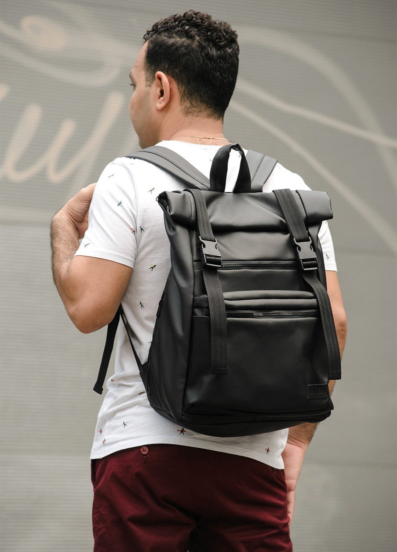 Roll Top Backpack, Man Roll Top, Eco Leather Roll Top, Rolltop backpack, Roll Top, Black Roll Top, Vegan Backpack, Backpack for Laptop image 3