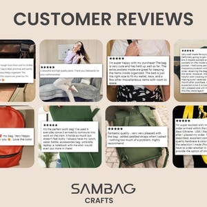 May include: A collage of customer reviews for SAMBAG CRAFTS, featuring images of bags in various colors and styles. Text includes customer feedback and star ratings, with the brand name at the bottom.
