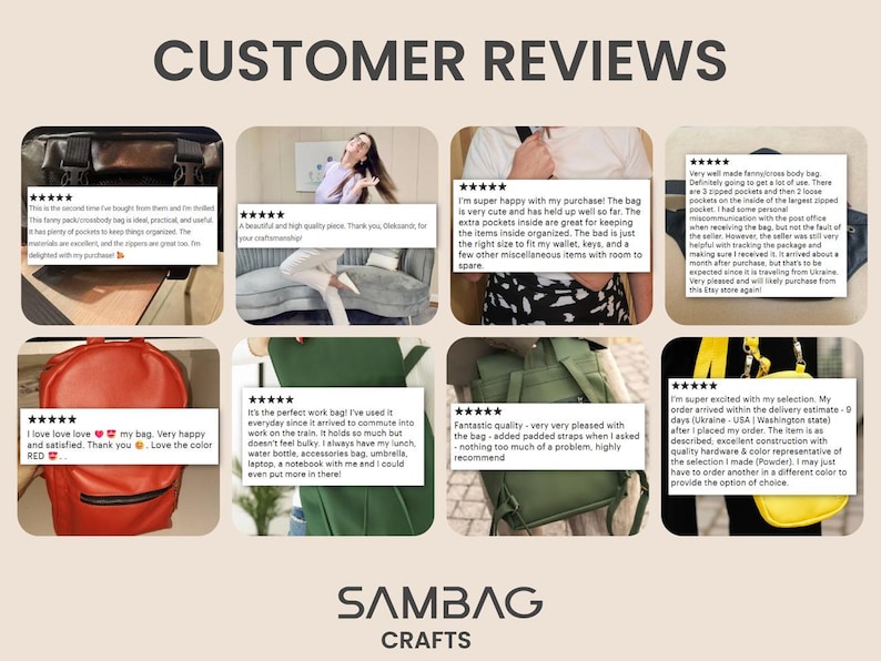 May include: A collage of customer reviews for SAMBAG CRAFTS, featuring images of bags in various colors and styles. Text includes customer feedback and star ratings, with the brand name at the bottom.
