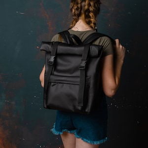 Roll Top Backpack, Minimalist Waterproof Laptop Backpack, Large Leather Women’s Backpack, Add Personalized Laser Engraving, Mother Day Gift