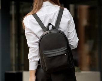 Eco Leather Backpack Women, Women Backpack, Black Backpack, Black Shoulder Bag, Women Messenger Backpack, Custom Designed, City Backpack