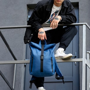 Blue Roll Top Backpack for Man, Custom Eco Leather Blue Backpack, Handmade Work Backpack, Men Backpack, Ukrainian backpack, Gift for Him