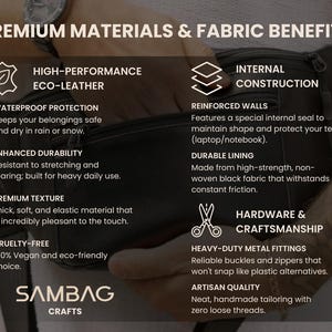 May include: Black eco-leather fanny pack with text highlighting premium materials and fabric benefits. Features include waterproof protection, enhanced durability, and a premium texture. The bag has reinforced walls and durable lining.
