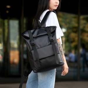 Black Roll Top Backpack, Woman Roll Top, Eco Leather Roll Top, Roll Top, Black Roll Top, Vegan Backpack, Backpack for Laptop