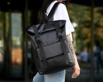 Black Roll Top Backpack, Woman Roll Top, Eco Leather Roll Top, Roll Top, Black Roll Top, Vegan Backpack, Backpack for Laptop