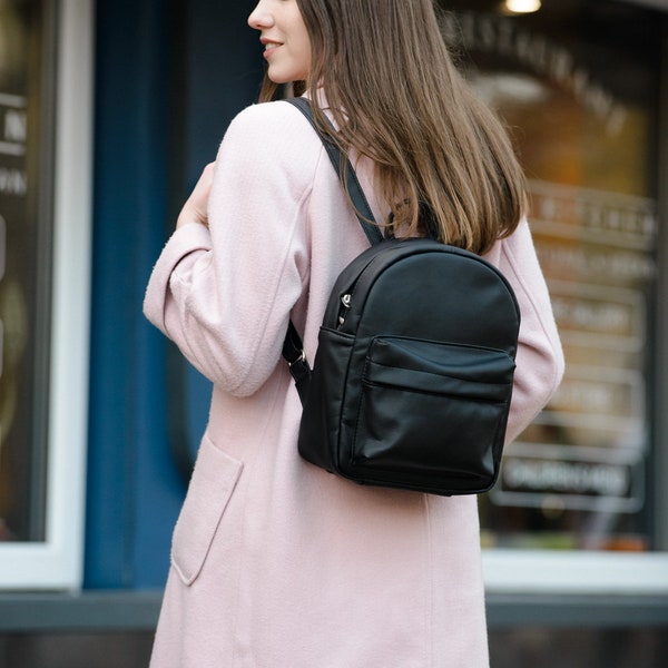 Eco Leather Backpack Women, Women Backpack, Black Backpack, Black Shoulder Bag, Women Messenger Backpack, Small Backpack, City Backpack