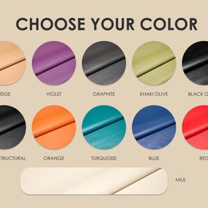 May include: An image displaying a color palette with the text "CHOOSE YOUR COLOR" at the top. The palette includes swatches of beige, violet, graphite, khaki olive, black gloss, black structural, orange, turquoise, blue, red, and milk.