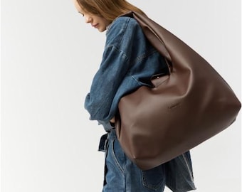 Brown Hobo Bag for Women, Large Everyday Tote Bag, Eco Leather Shoulder Purse, Fall Winter Handbag, Gift for Her